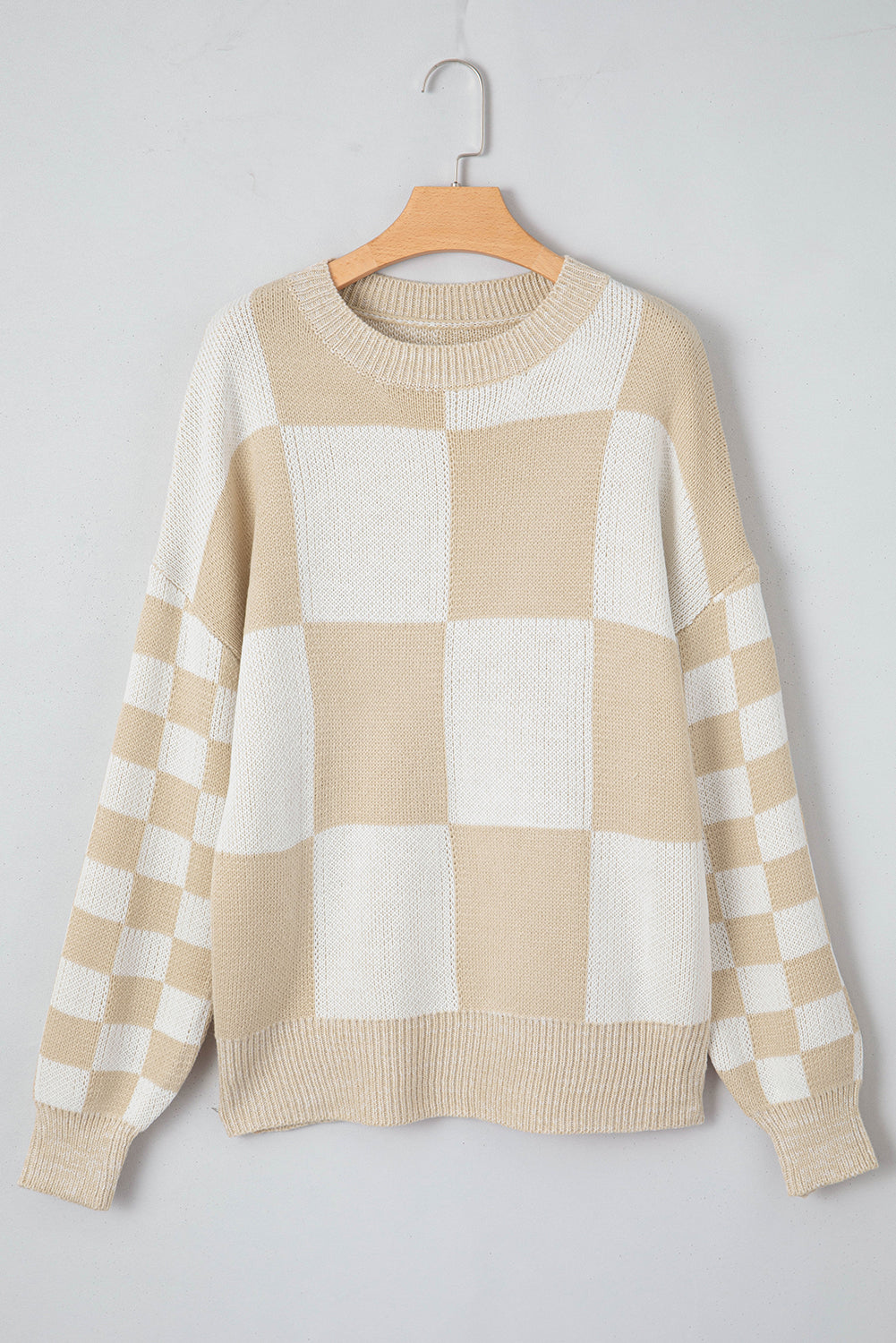 Checkered Round Neck Drop Shoulder Sweater 