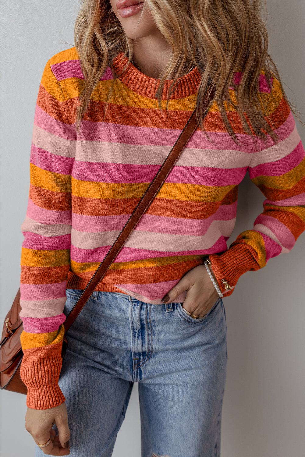 Gray Stripe Color Block Ribbed Edge Round Neck Sweater Sweaters & Cardigans/Sweaters