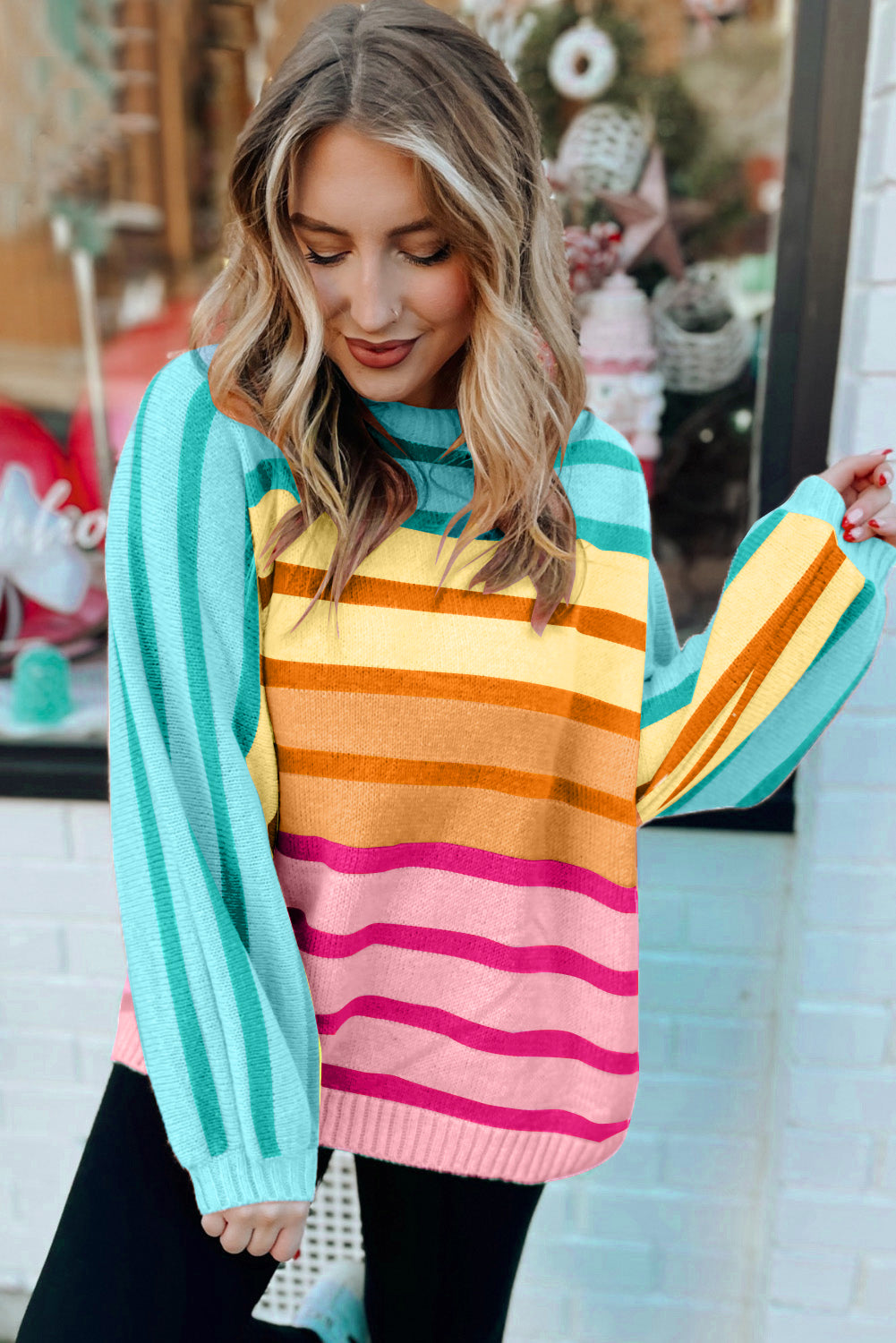 Yellow Stripe Gradient Striped Ribbed Edge Loose Sweater Sweaters & Cardigans/Sweaters