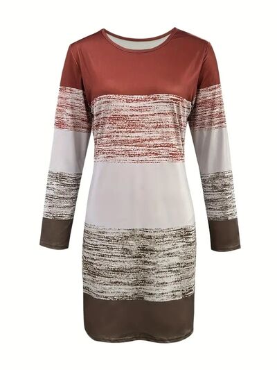 Color Block Round Neck Long Sleeve Dress Dresses