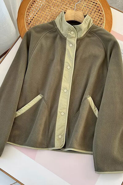 Double Take Snap Down Contrast Fleece Jacket with Pockets 