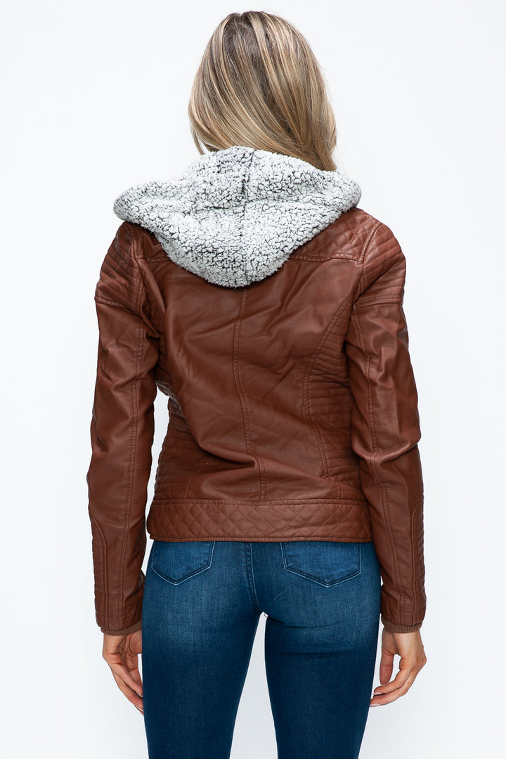 YMI Faux Layered Double-Zipper Jacket with Fuzzy Hood 