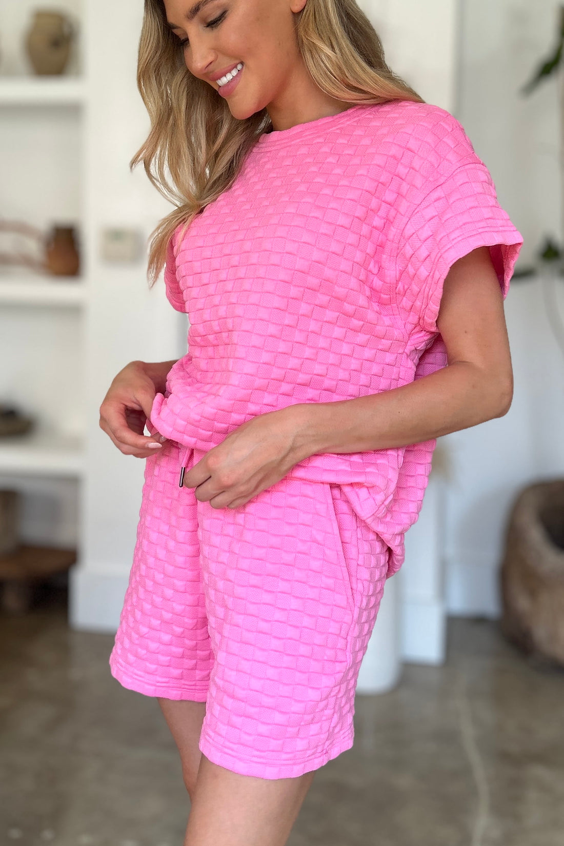Double Take Full Size Texture T-Shirt and Shorts Set 