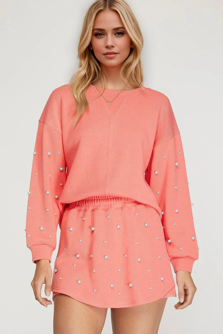 Oh Pearl Trim Round Neck Long Sleeve Top and Skirt Set 