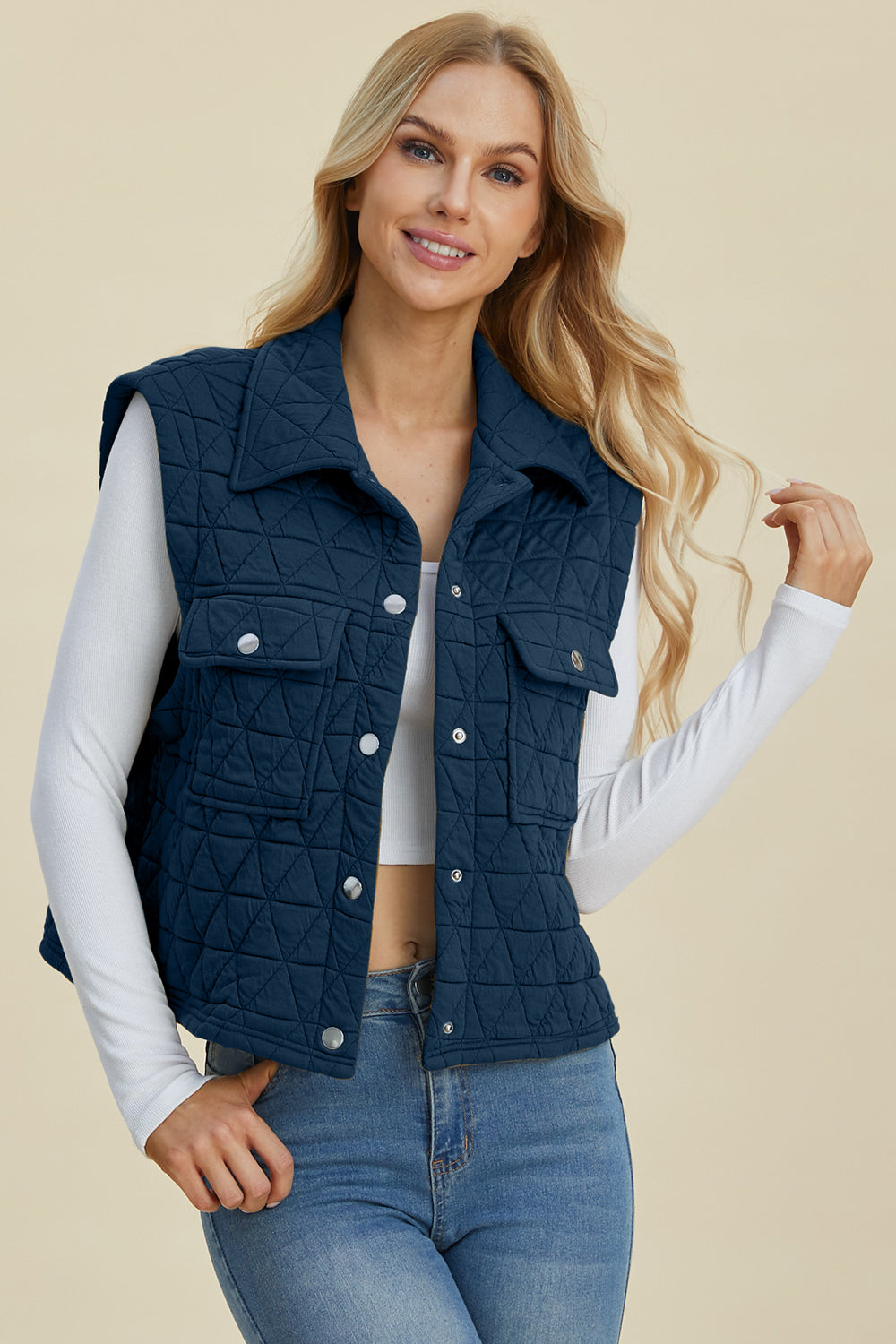 Double Take Full Size Pocketed Texture Snap Down Vest Coat 