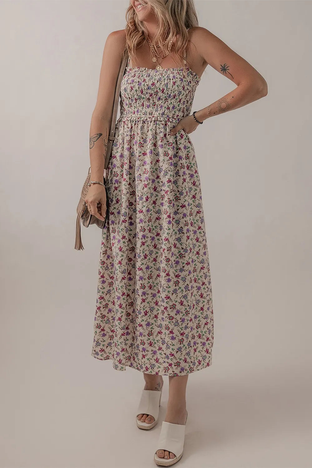Multicolour Bohemian Ditsy Floral Smocked Fit Flare Sundress 