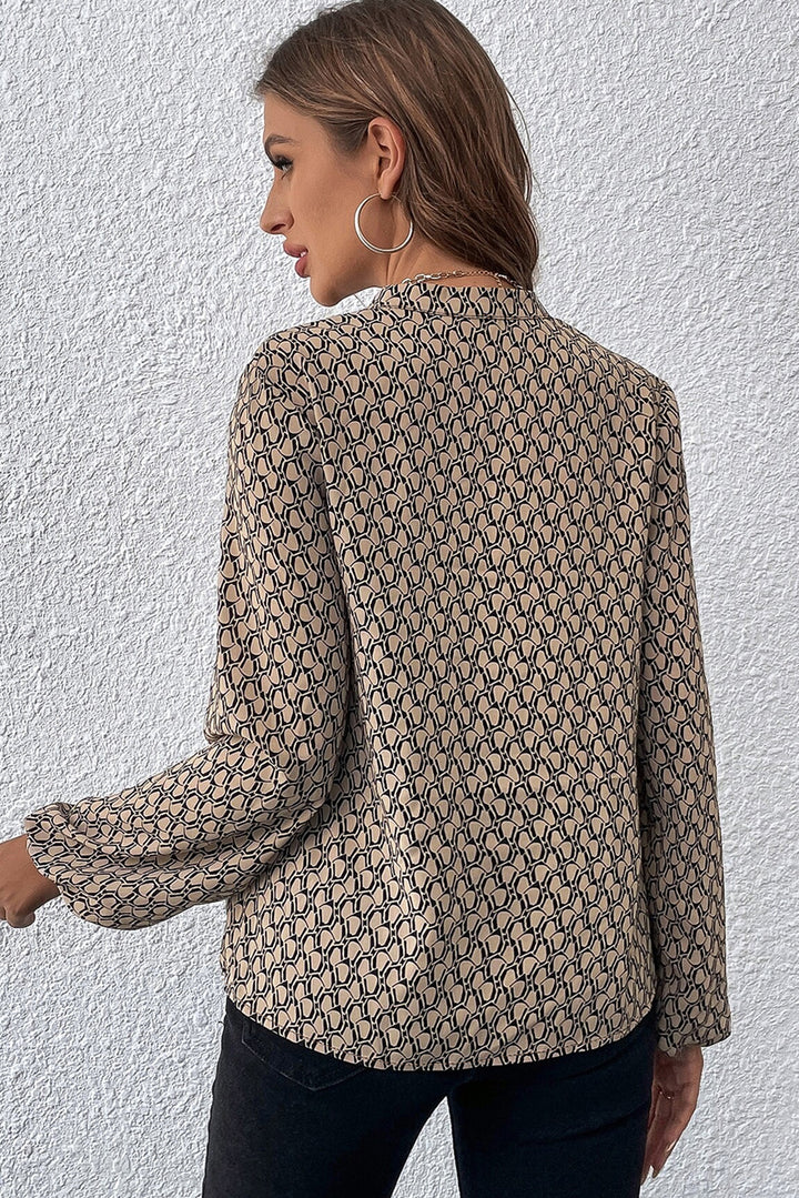 Khaki Geometric Print Notched Neck Puff Sleeve Blouse Tops/Blouses & Shirts