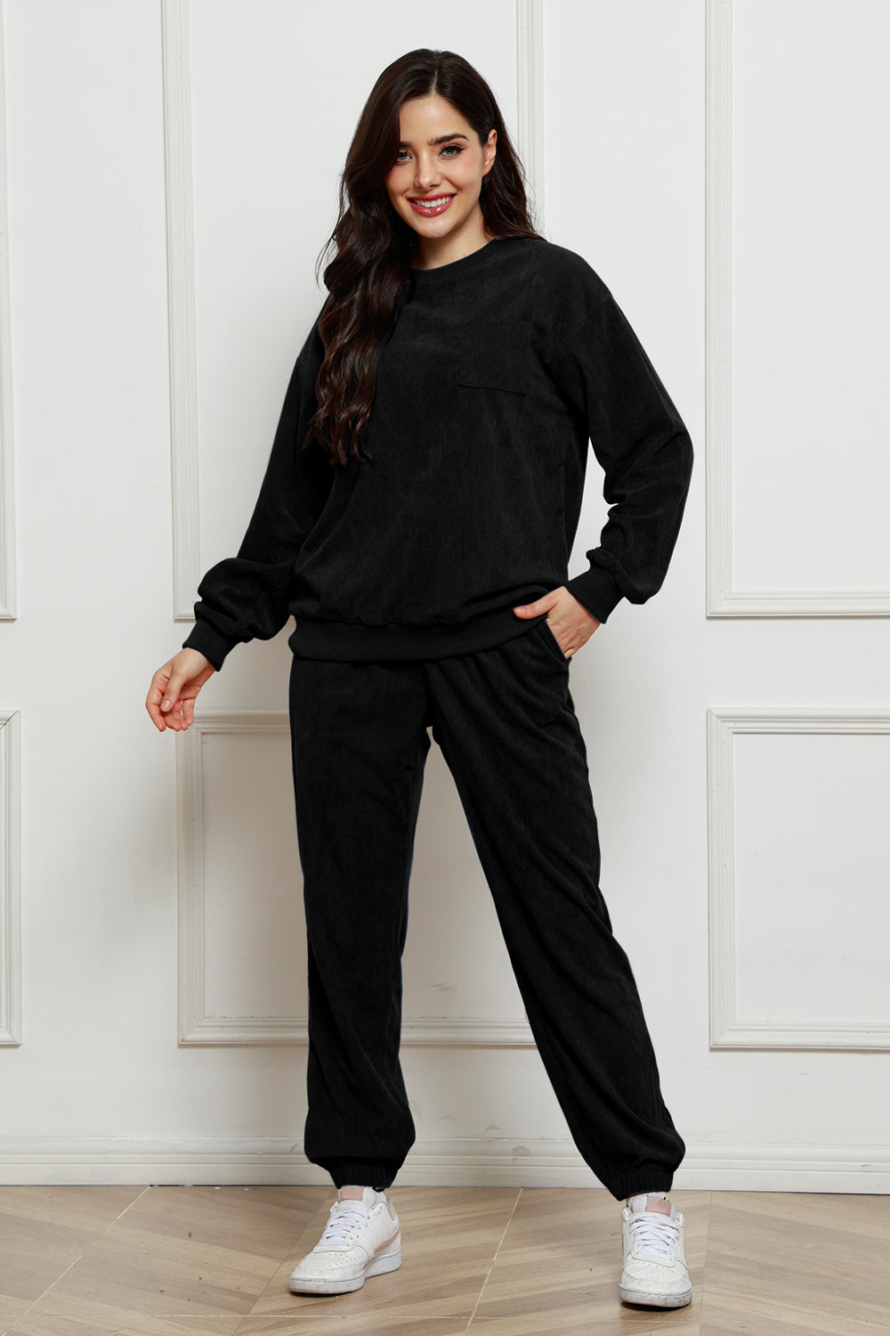 Corduroy Round Neck Sweatshirt and Sweatpants Set 