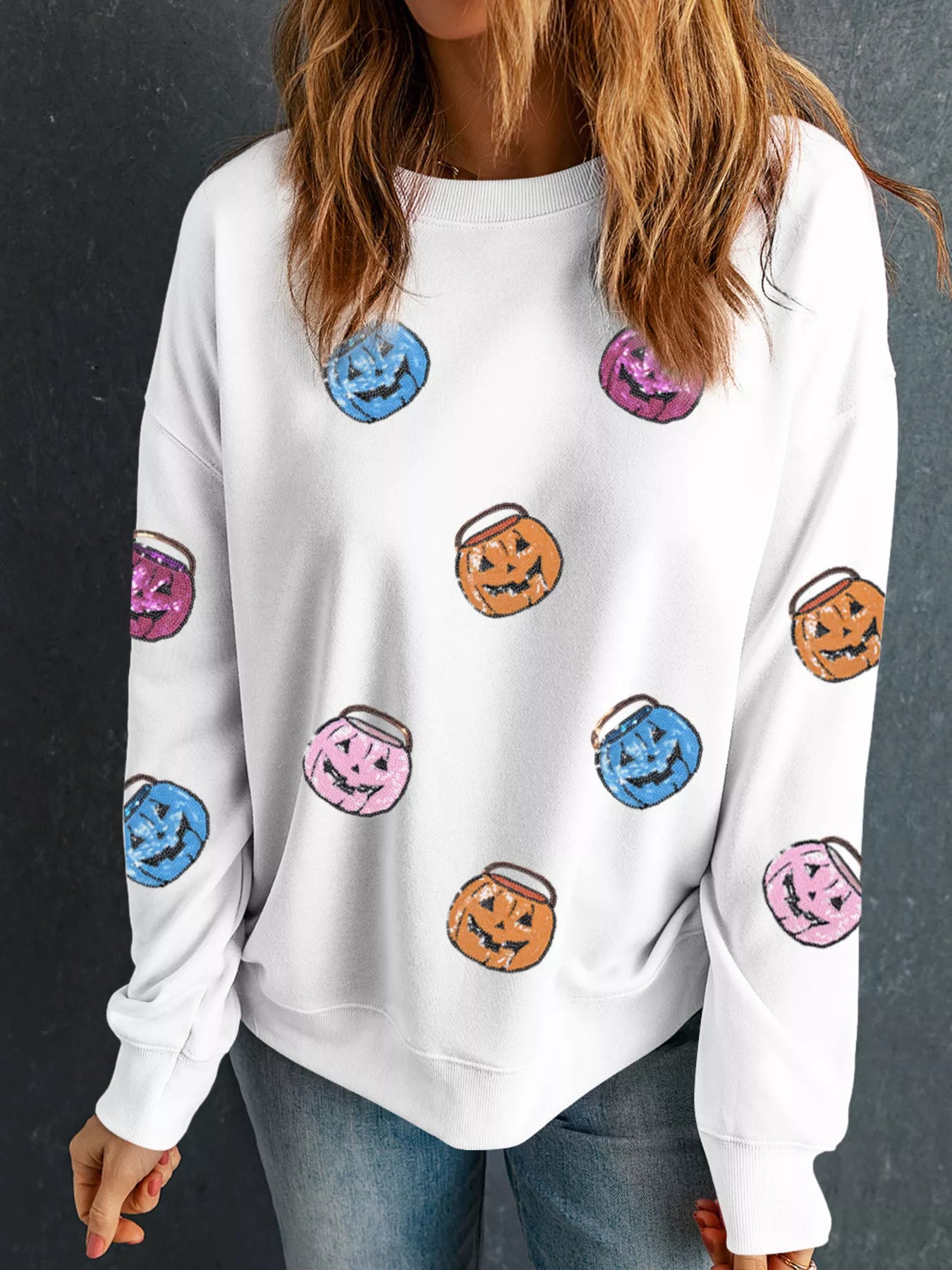 Halloween Pumpkin Lantern Sequin Patched Sweatshirt 
