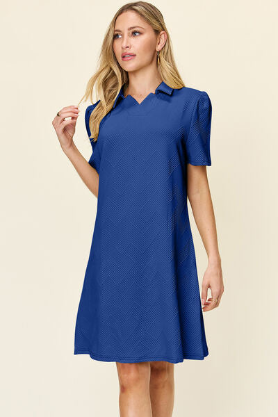 Double Take Full Size Texture Collared Neck Short Sleeve Dress 