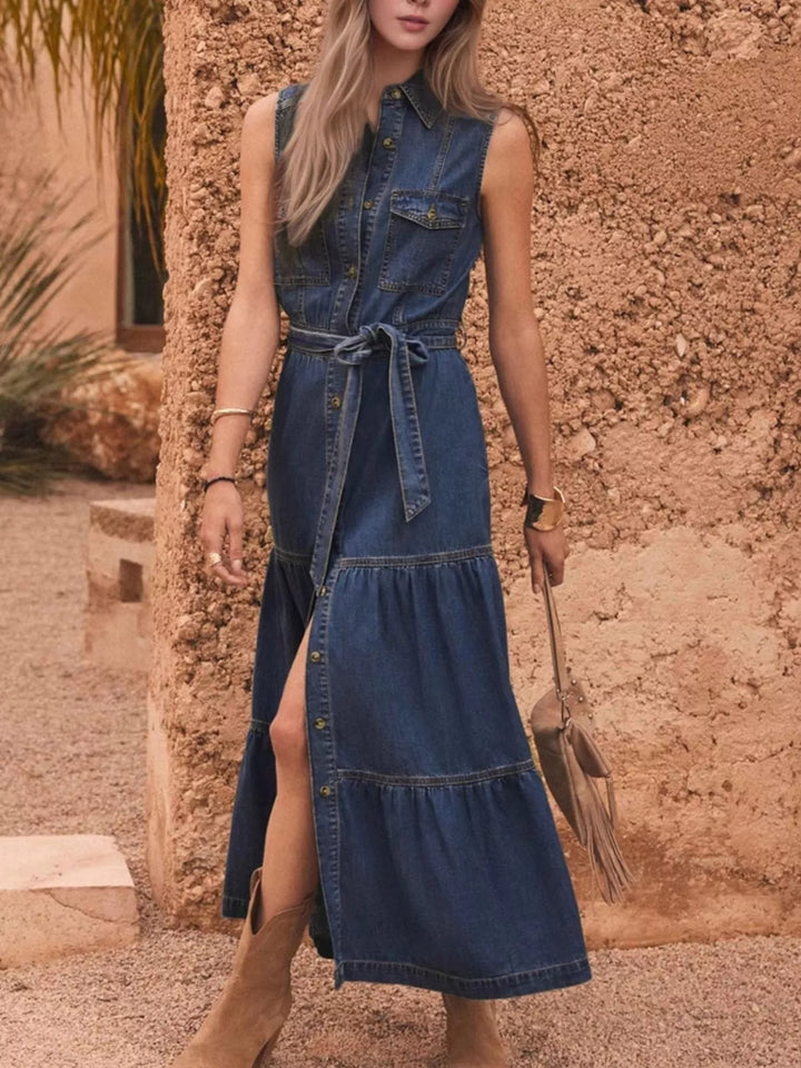 Button Front Sleeveless Denim Dress 