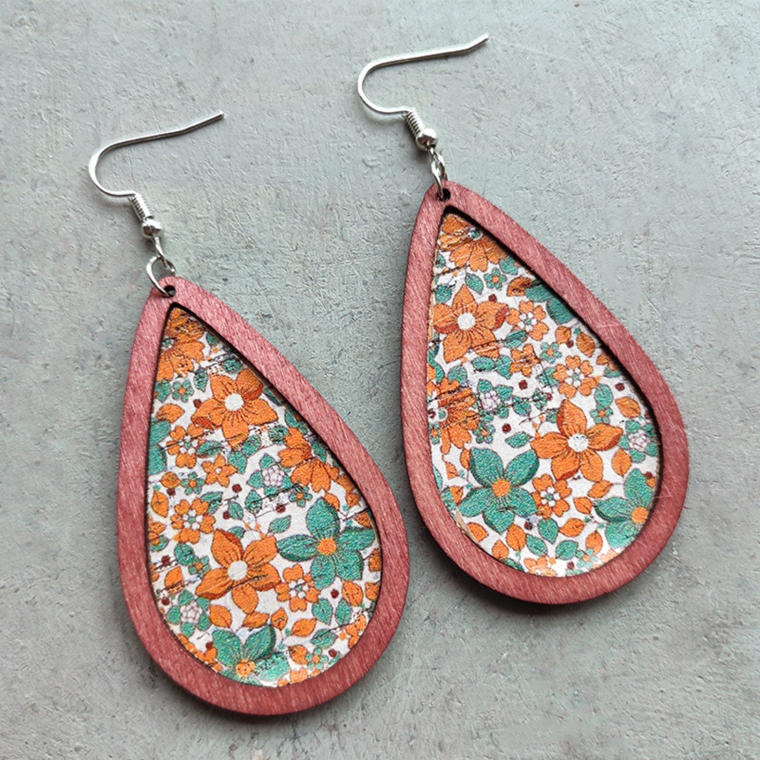 Floral Wood Teardrop Earrings 