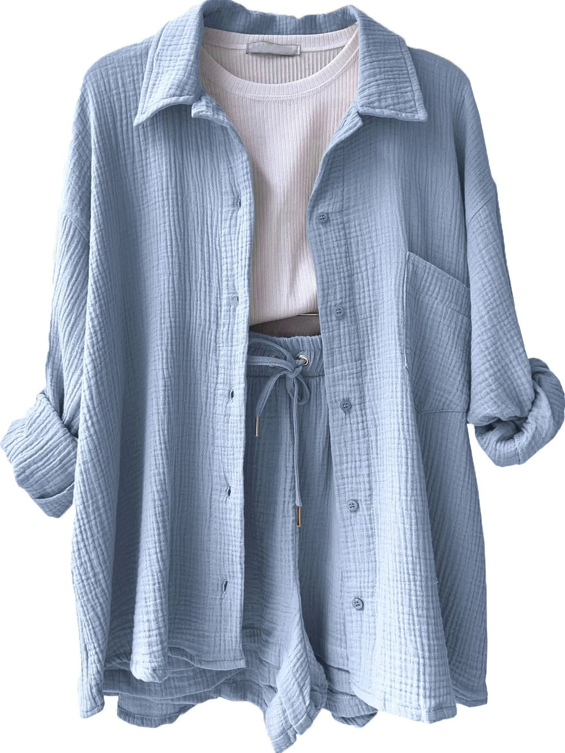 Textured Button Up Shirt and Shorts Set Two Piece Dresses