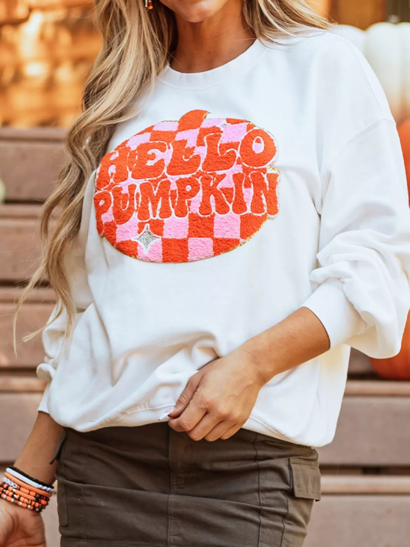Halloween Pumpkin Patched Pattern Long Sleeve Sweatshirt 