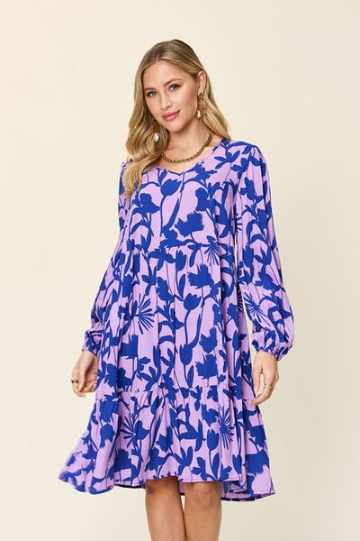 Double Take Full Size Printed Ruffle Hem Dress with Pocket 