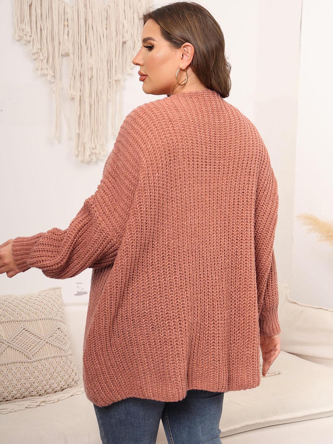 Plus Size Open Front Dropped Shoulder Knit Cardigan 