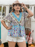 Plus Size Ruched Lace Detail Printed V-Neck Short Sleeve Blouse 