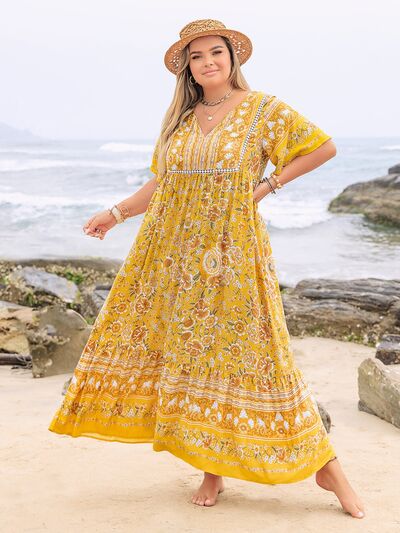 Plus Size Floral Tie Neck Flutter Sleeve Maxi Dress Dresses