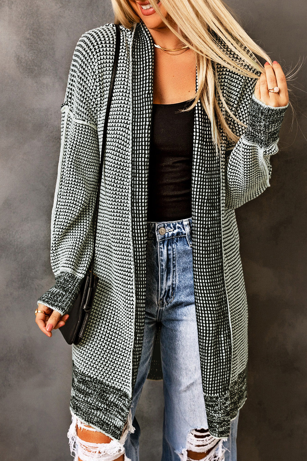Gray Plaid Knitted Long Open Front Cardigan Sweaters & Cardigans/Cardigans