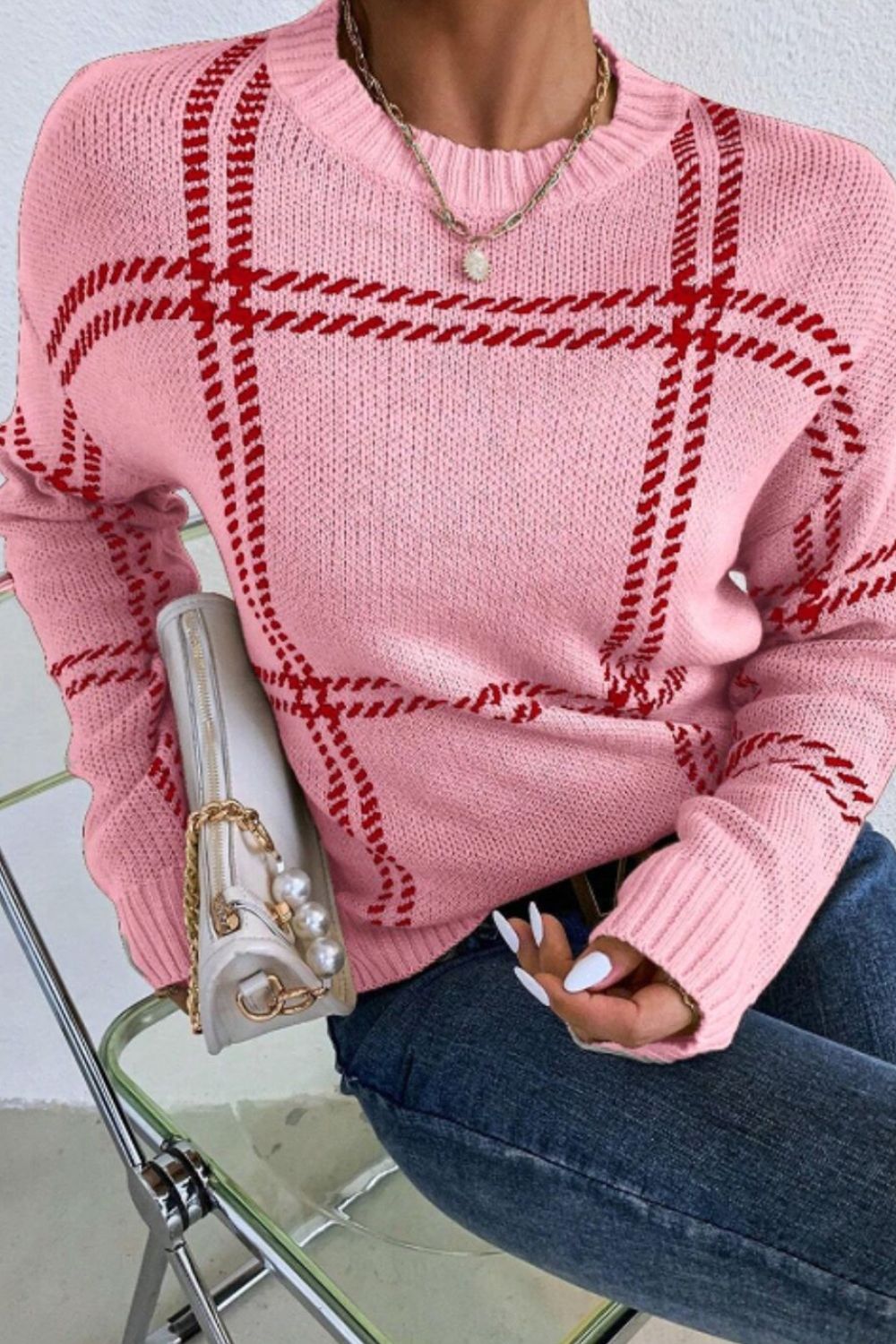 Contrast Round Neck Long Sleeve Sweater 
