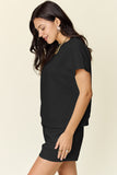 Double Take Full Size Texture Short Sleeve T-Shirt and Drawstring Shorts Set 