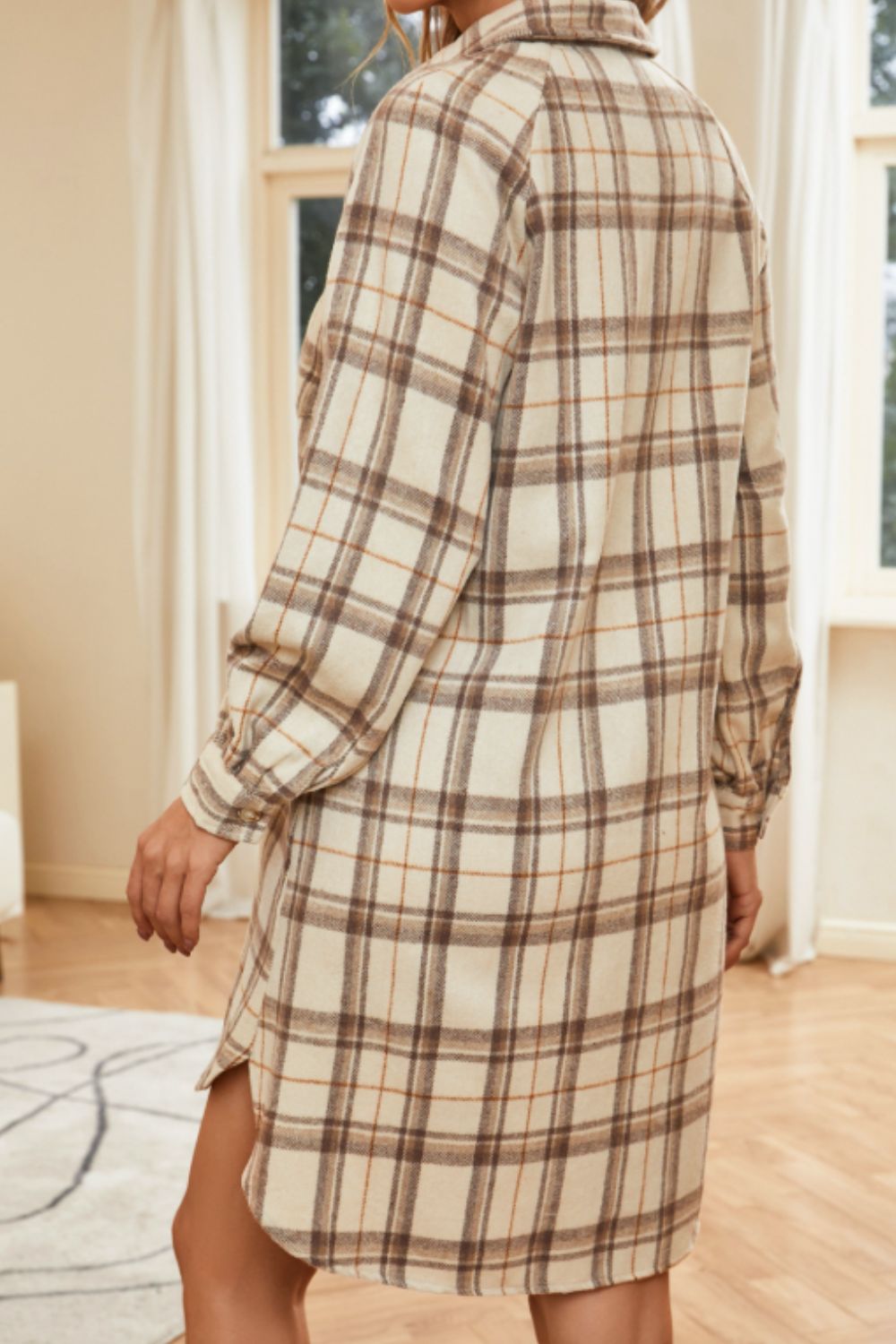 Plaid Collared Neck Long Sleeve Mini Shirt Dress 