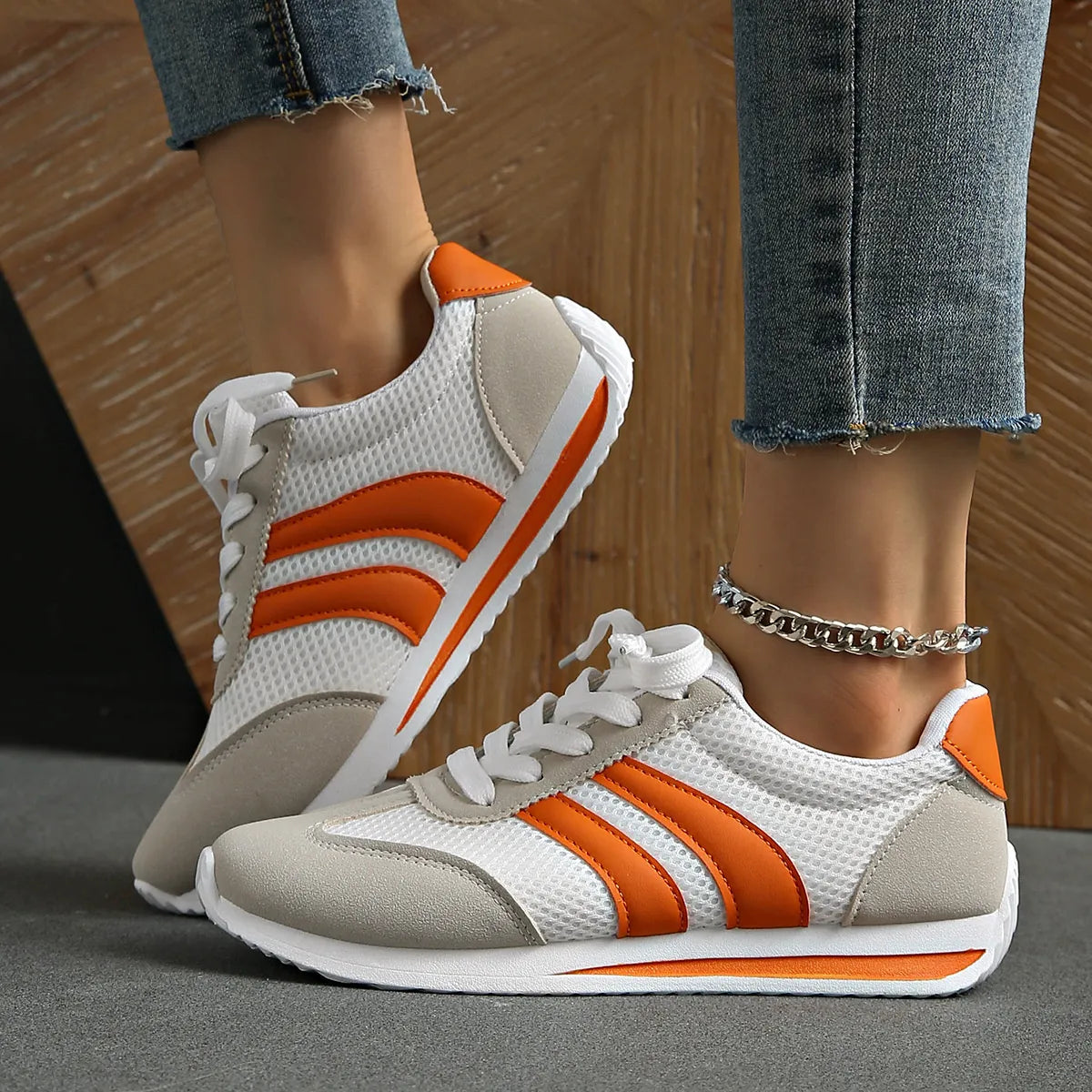 Striped Contrast Mesh Lace Up Sneakers 