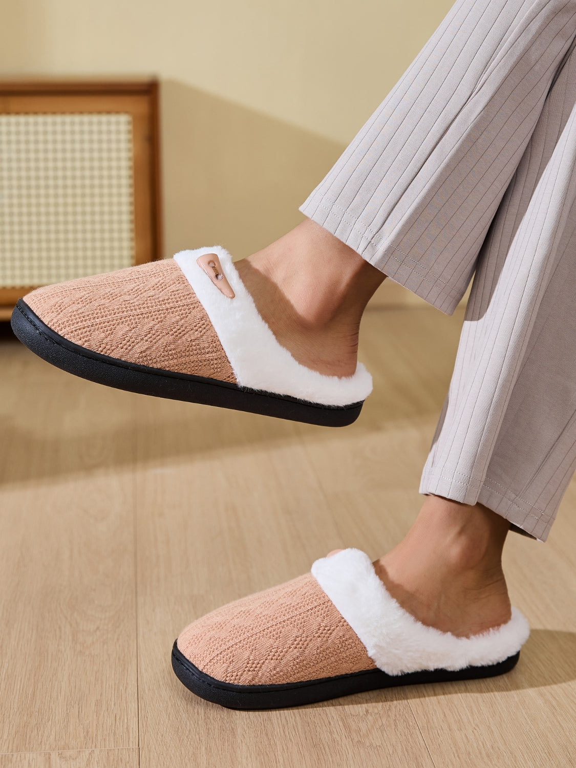 Horn Buckle Furry Texture Flat Slippers 