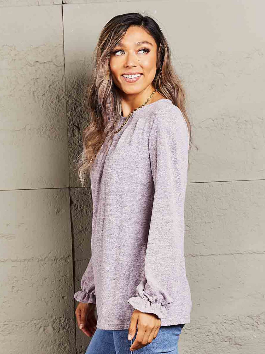 Mandy Long Flounce Sleeve Round Neck Blouse 