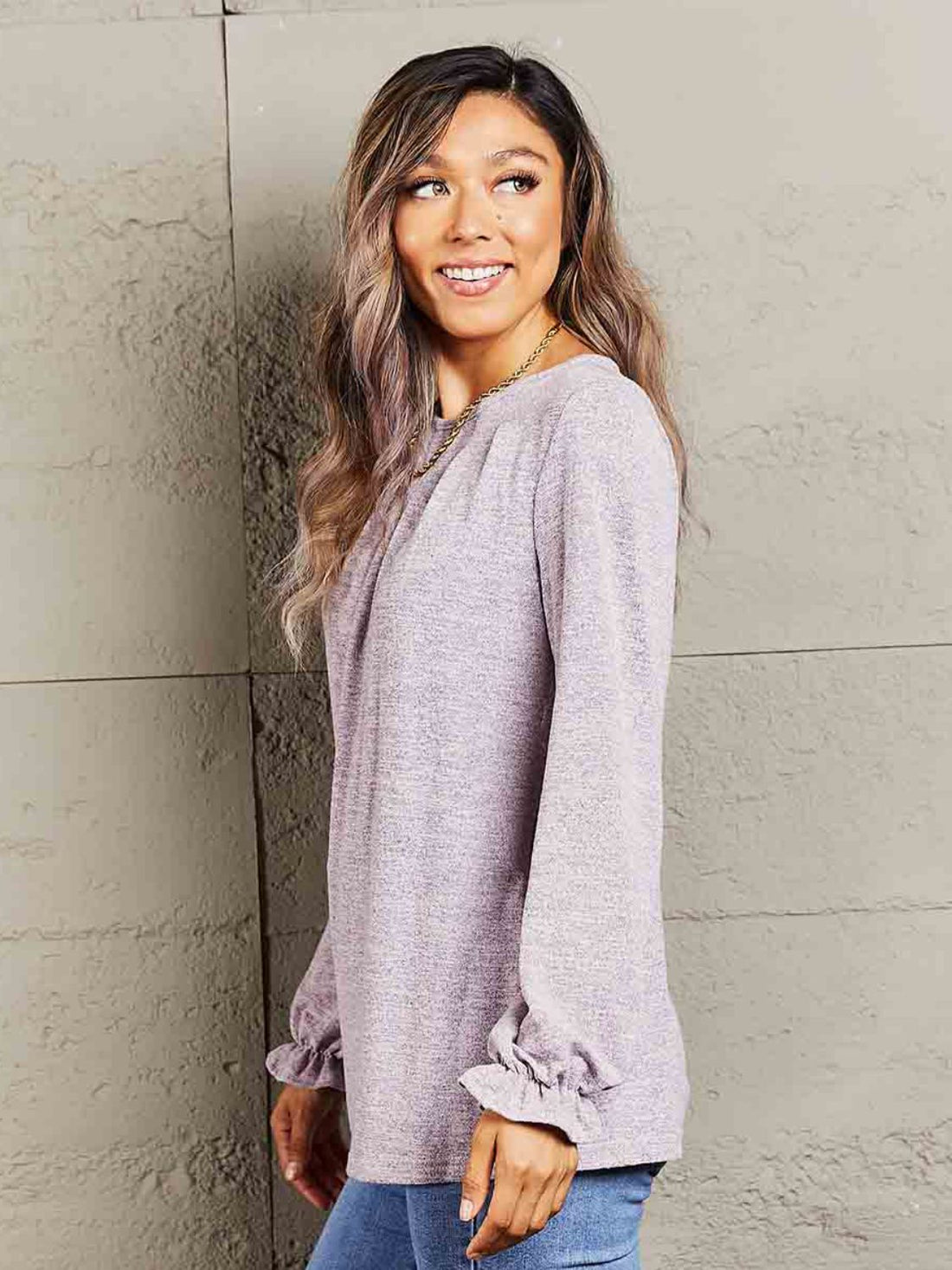 Mandy Long Flounce Sleeve Round Neck Blouse 