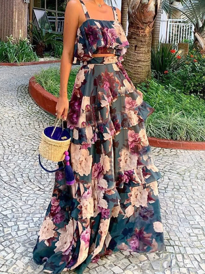 Full Size Floral Cami and Layered Skirt Set Plus Size Two Piece Dresses