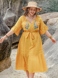 Plus Size Notched Tie Waist Half Sleeve Midi Dress 