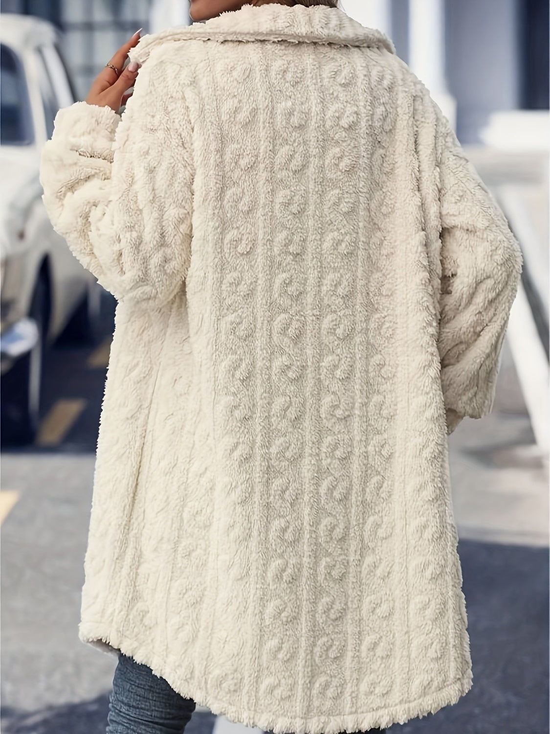 Fuzzy Button Up Long Sleeve Longline Coat 