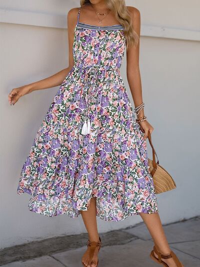 Perfee Decor Button Printed Sleeveless Tiered Midi Dress Dresses