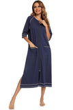 Zip Up Slit Round Neck Night Dress with Pockets 