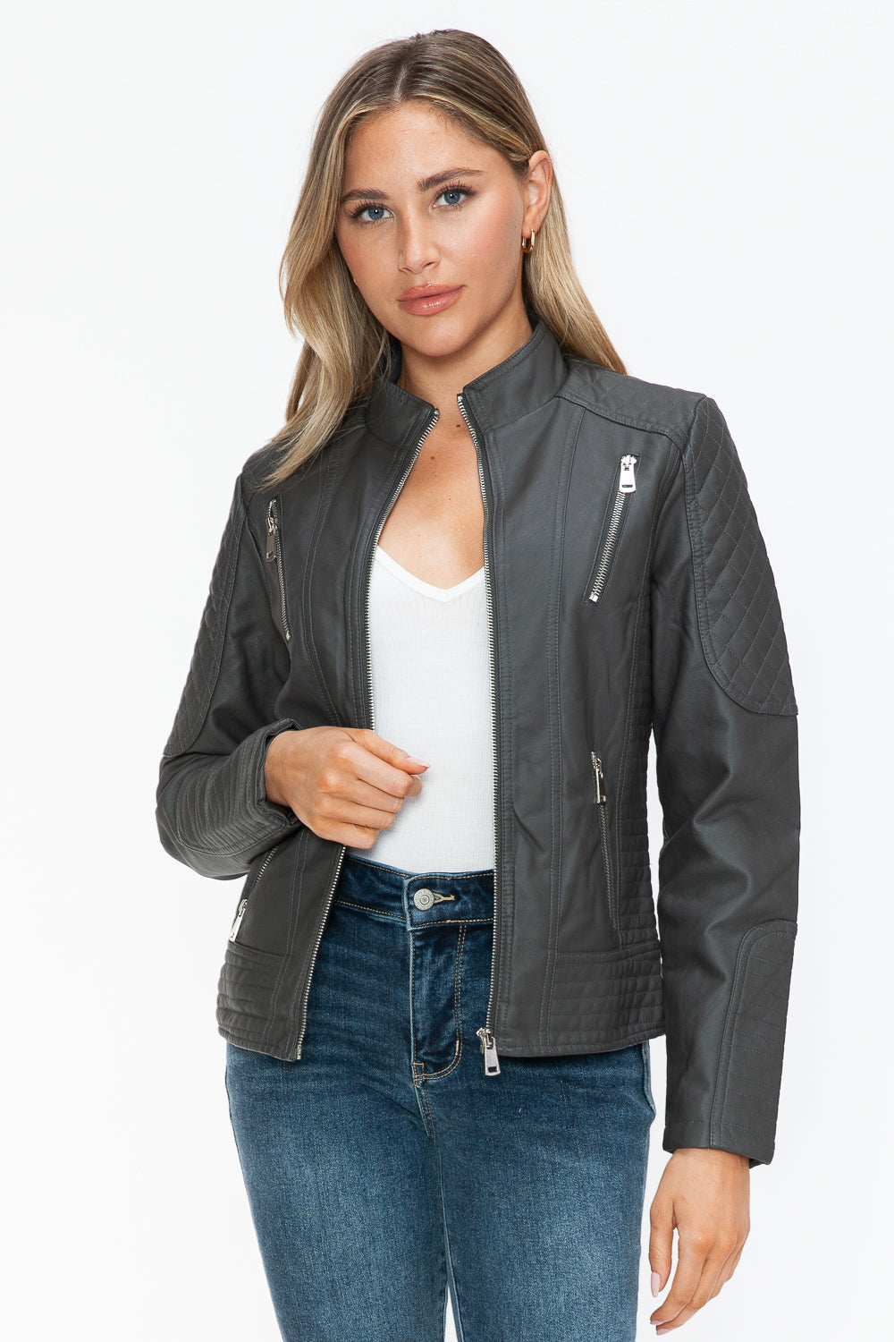 Snobbish Faux Leather Zip Up Mock Neck Jacket 