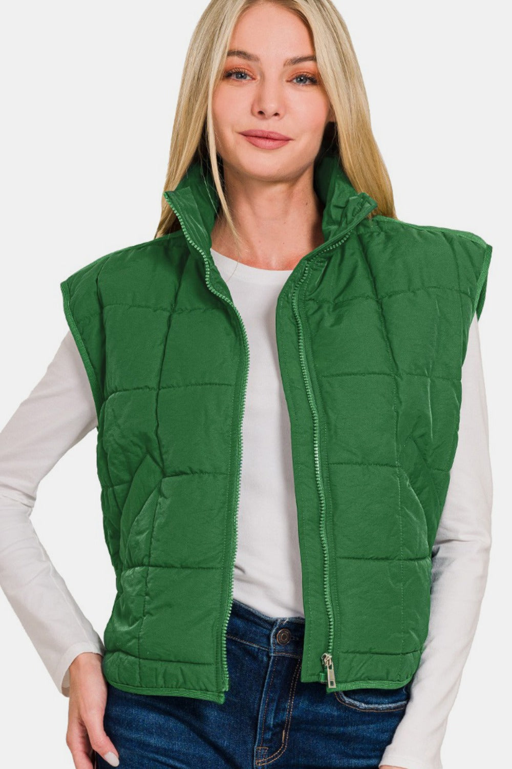 Zenana Zip Up Cropped Puffer Vest with Pockets 