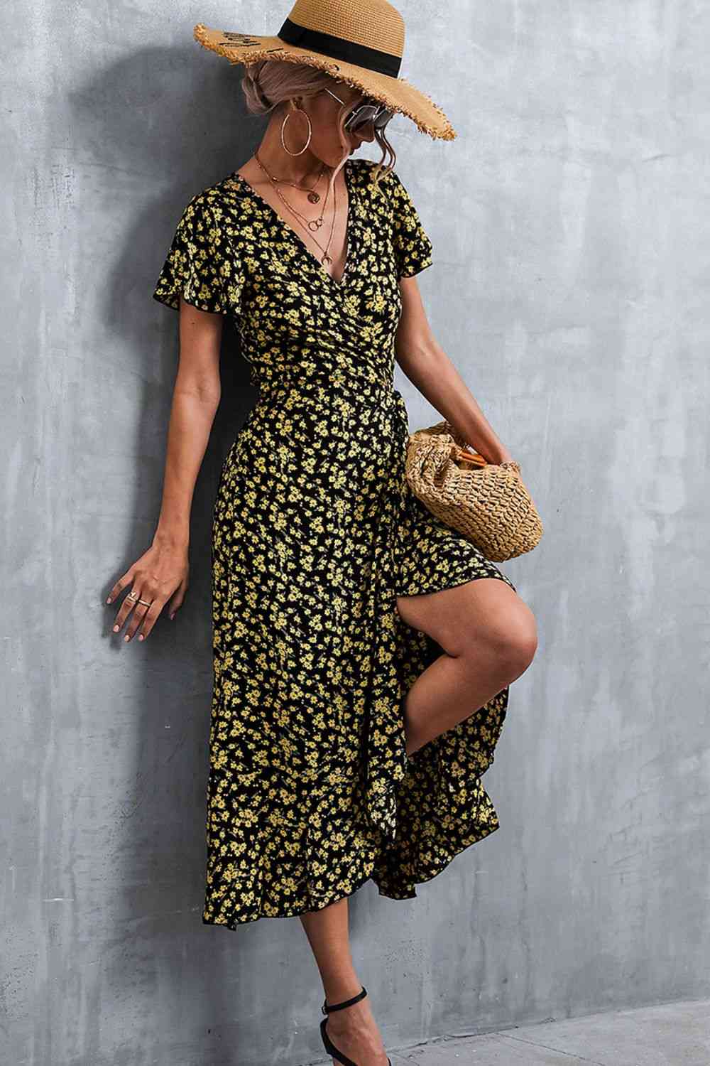 Floral Surplice Neck Tied Midi Dress Dresses