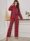 Plaid Collared Neck Long Sleeve Top and Pants Lounge Set Lingerie & Nightwear