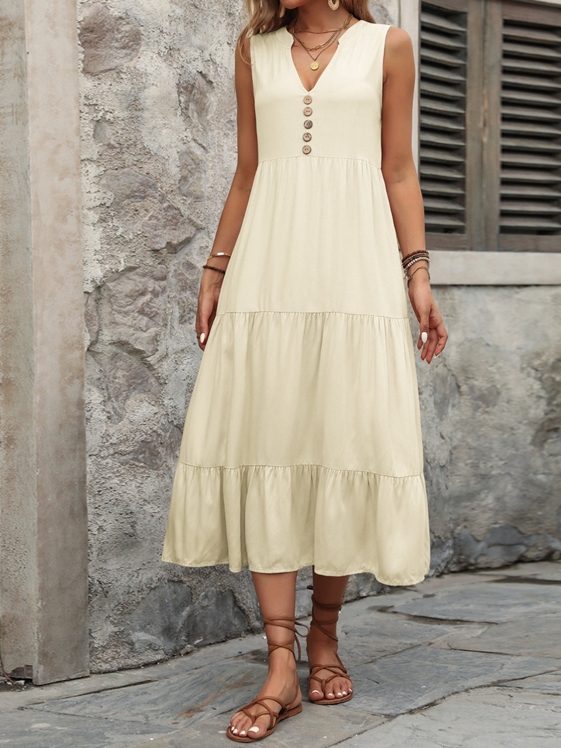 Ivy Lane Decorative Button Notched Sleeveless Dress 