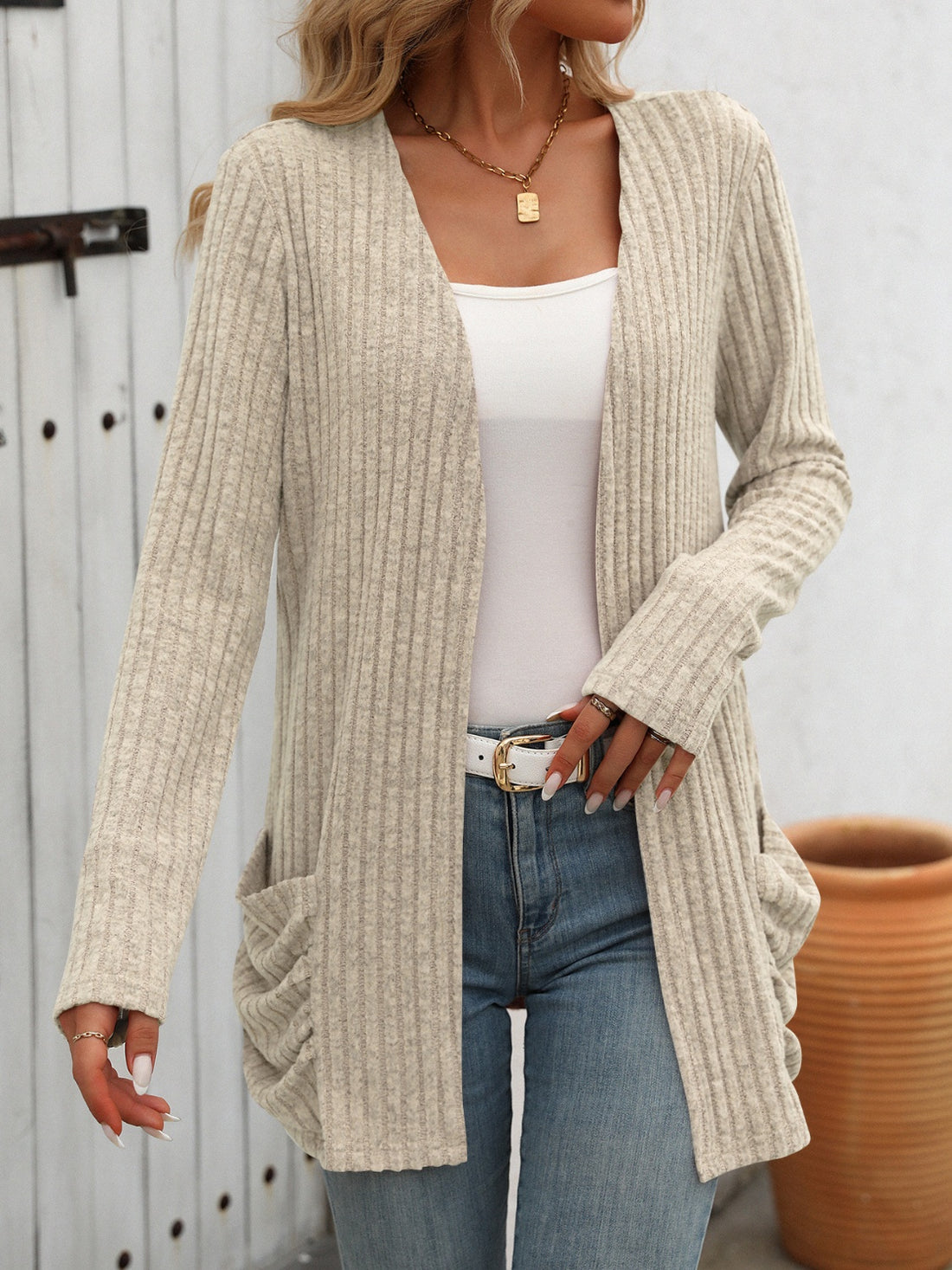 Mandy Open Front Long Sleeve Ribbed Cardigan 