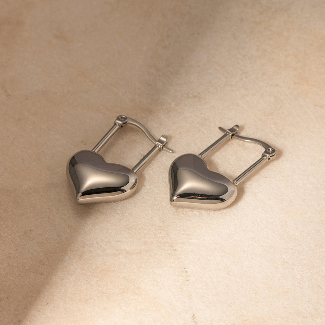 Stainless Steel Heart Lock Drop Earrings 