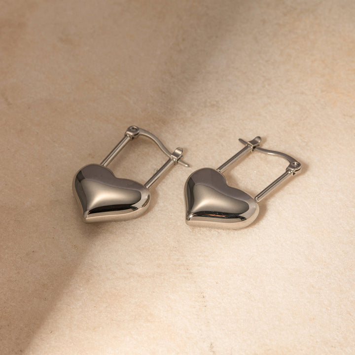 Stainless Steel Heart Lock Drop Earrings 
