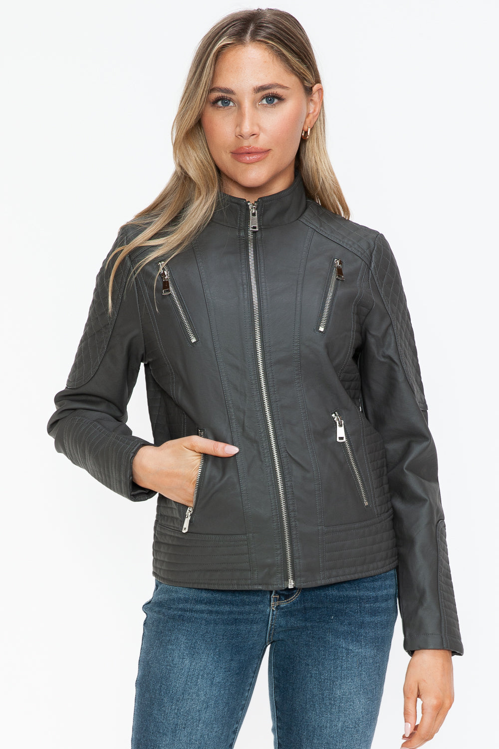 Snobbish Faux Leather Zip Up Mock Neck Jacket 