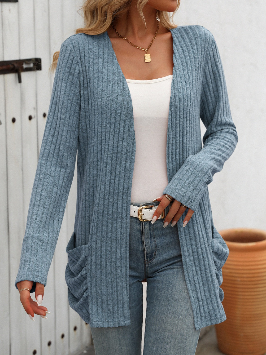 Mandy Open Front Long Sleeve Ribbed Cardigan 