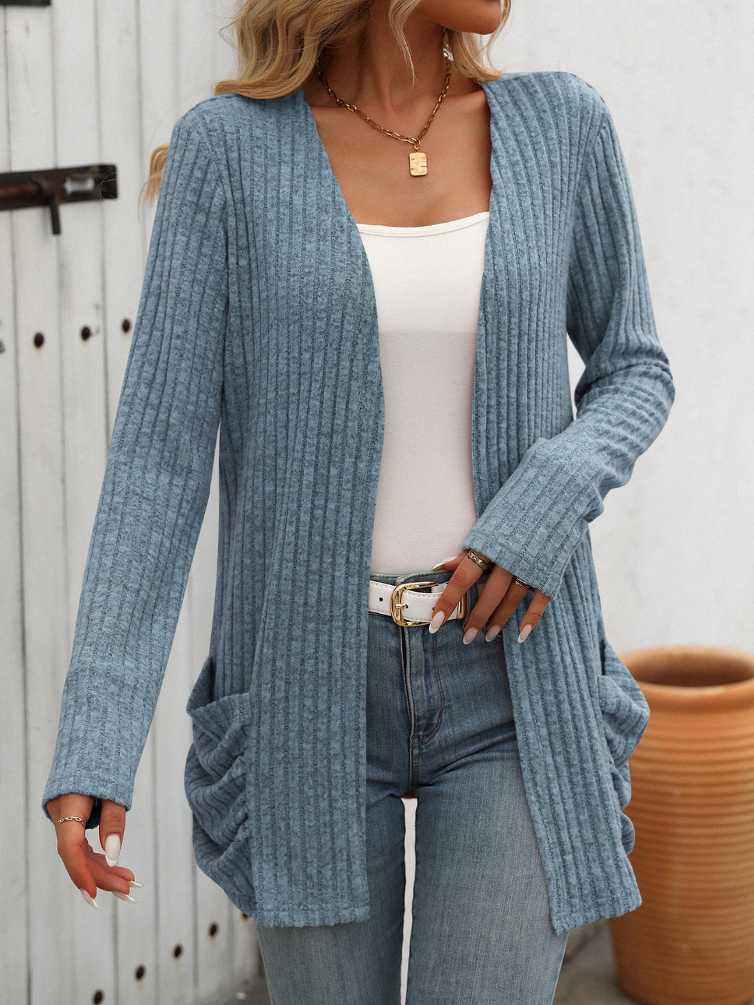 Mandy Open Front Long Sleeve Ribbed Cardigan 