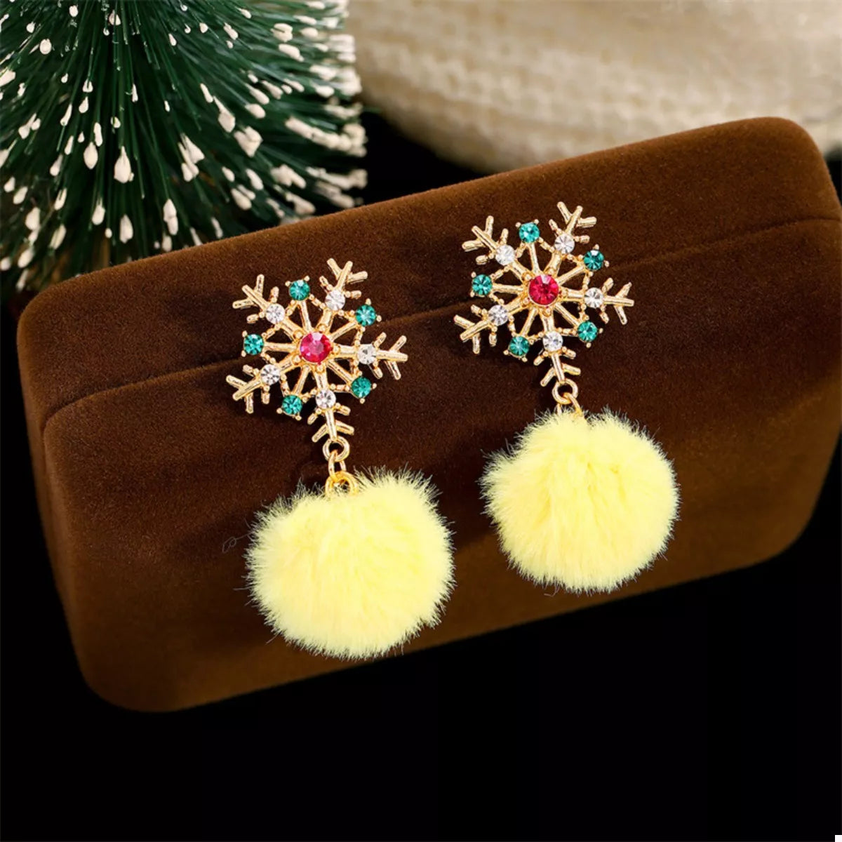 Christmas Snowflake Pom Pom Drop Earrings 