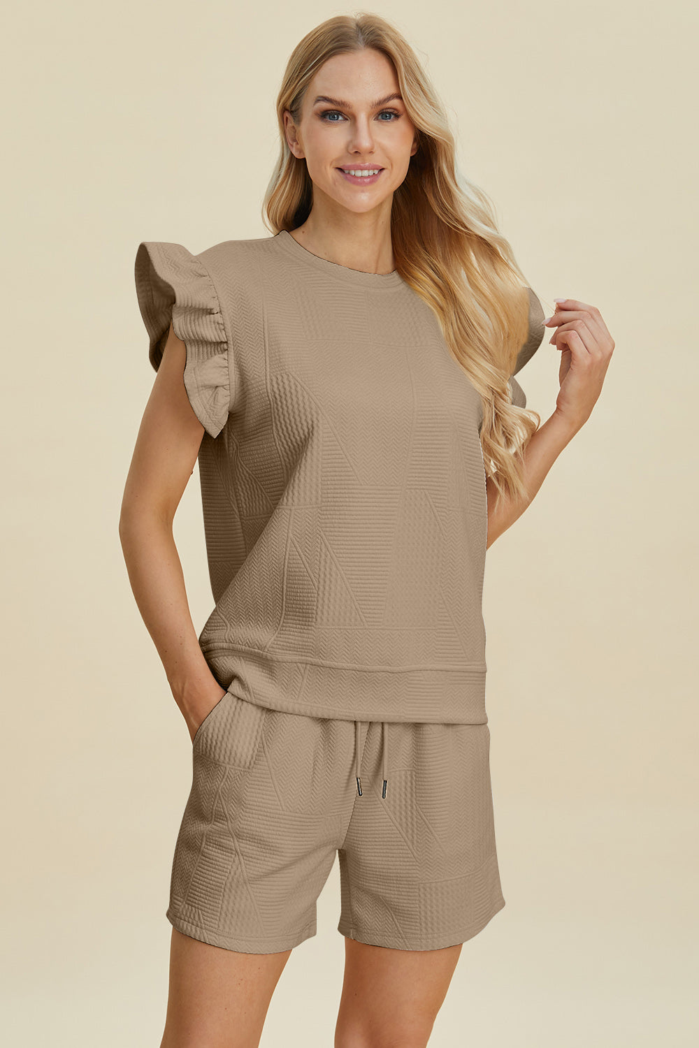 Double Take Full Size Texture Round Neck Ruffle Sleeve Top and Shorts Set 