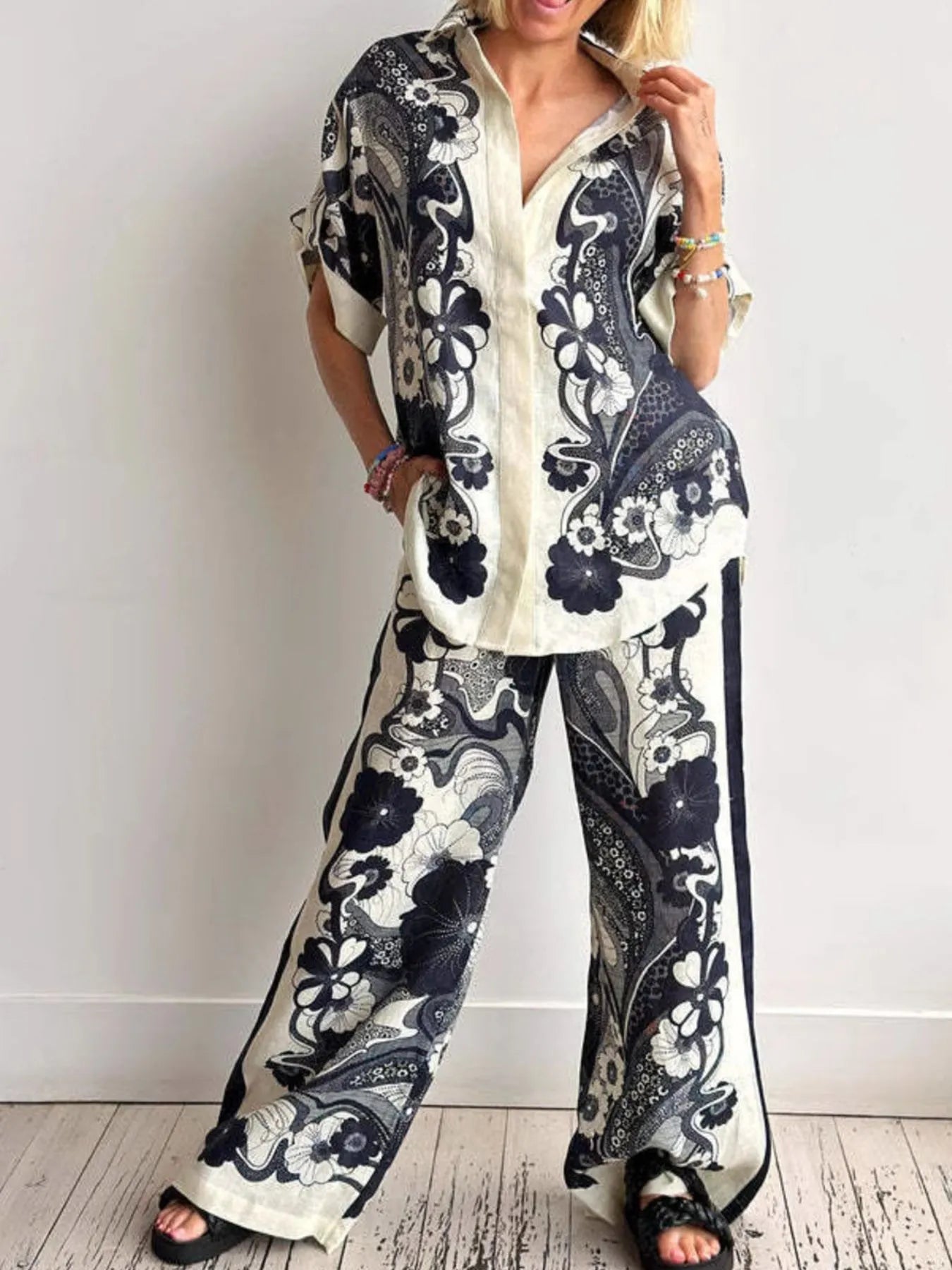 Printed Button Up Shirt and Pants Set Two Piece Dresses