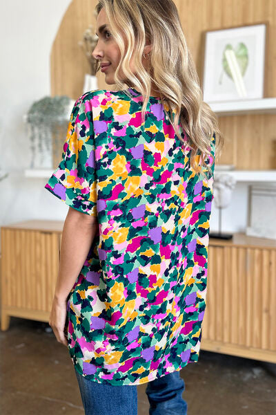 Double Take Full Size Printed V-Neck Short Sleeve Side Slit Top 